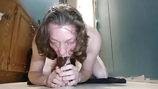 Nigh Sloppy Deepthroating in excess of My BBC Dildo